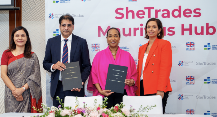 L to R: Mrs Kobita Jugnauth, Mr Ken Poonoosamy; Ms Pamela Coke Hamilton and H E Charlotte Pierre at the launch of SheTrades in Mauritius