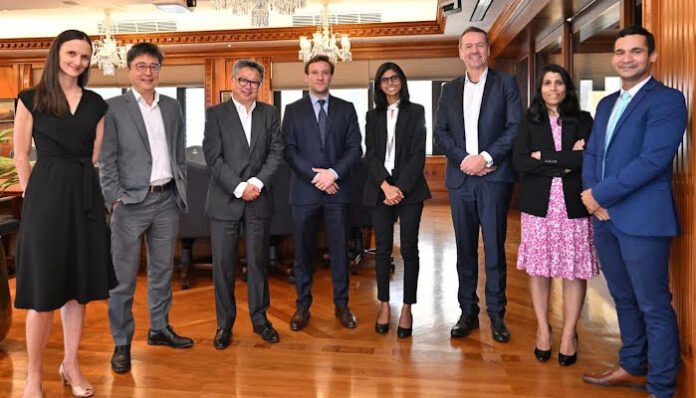 Vanessa Doger de Speville, Head of Communication and Corporate Sustainability; Jean Michel Ng Tseung CEO MCB Group; Alain Law Min CEO MCB Ltd; Steven Gardon, Regional Director, Southern Africa, and Indian Ocean; Sweetina Buldawoo, Senior Funding Manager MCB Ltd; Thierry Hebraud CEO designate MCB Ltd; Anbar Jowaheer Head Financial Institutions and Syndication MCB Ltd, & Stephane Lebon, Sustainability Manager MCB Ltd.